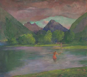 Resplandor crepuscular, río Tautira, Tahití, pescador lanzando un arpón, c.1895